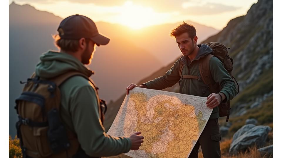Adventurer studying a topographical map in rugged mountains, symbolizing knowledge and preparedness.