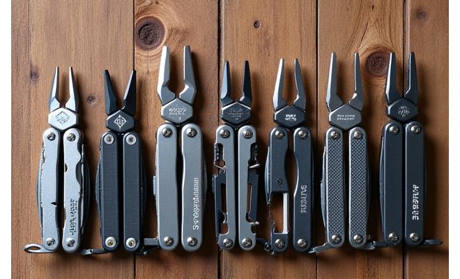 Various multi-tools laid out on a rugged wooden surface, ready for selection.