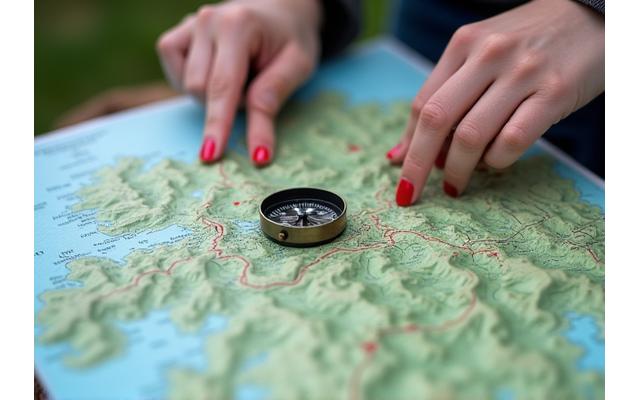 Close-up view of a topographical map with a compass and hands pointing to a trail.