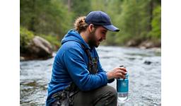 Person filtering water from a stream