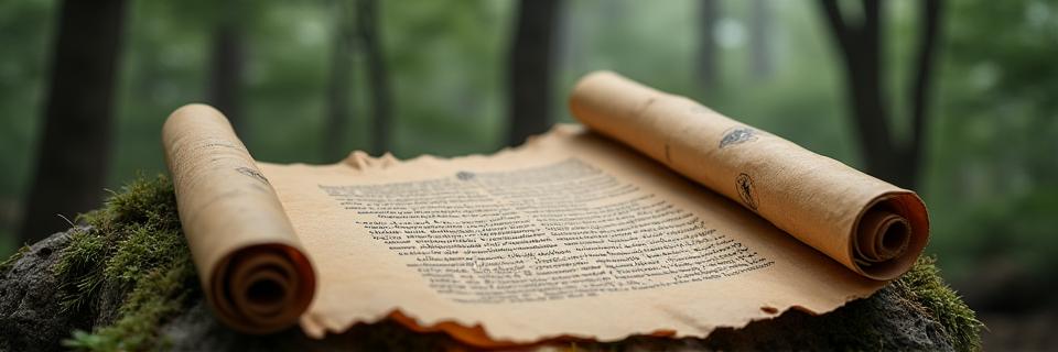 Scroll depicting legal text and nature elements, representing wilderness survival laws and ethics.